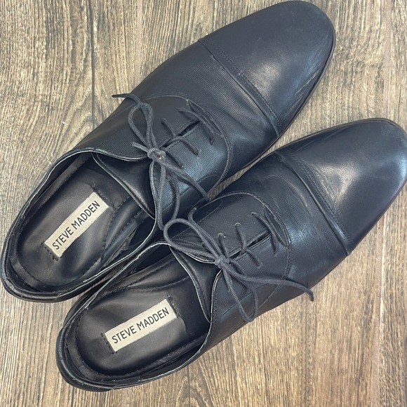 Steve Madden Men Black Leather Cap Toe Oxford Dress Shoes Lace Up Size 10 - Picture 7 of 10